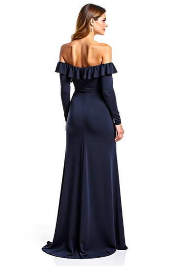 Navy Sheath Ruffled Off the Shoulder Mother of the Bride Dress